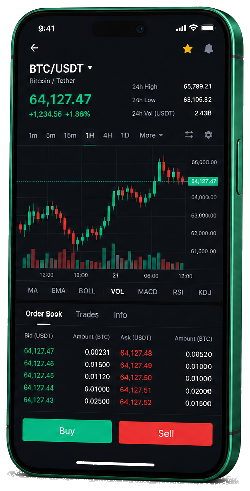Interface mobile de trading Minerv Corvesse — cours BTC/USDT en direct, carnet d’ordres et outils de suivi des opérations